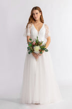 Grace Lace Sleeve V Neck Wedding Dress in Ivory