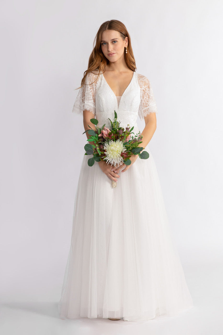 Grace Lace Sleeve V Neck Wedding Dress in Ivory