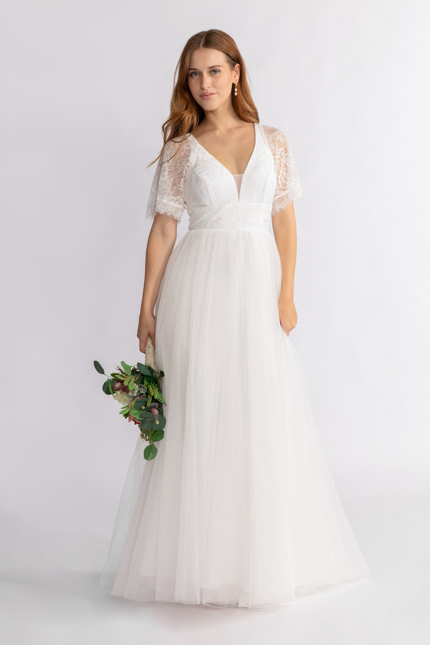 Grace A-line lace Sleeve V neck Wedding Dress in Ivory