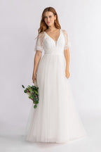 Grace A-line lace Sleeve V neck Wedding Dress in Ivory