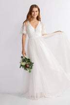 Grace A-line lace Sleeve V neck Wedding Dress in Ivory