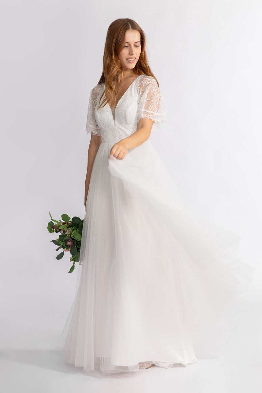 Grace A-line lace Sleeve V neck Wedding Dress in Ivory