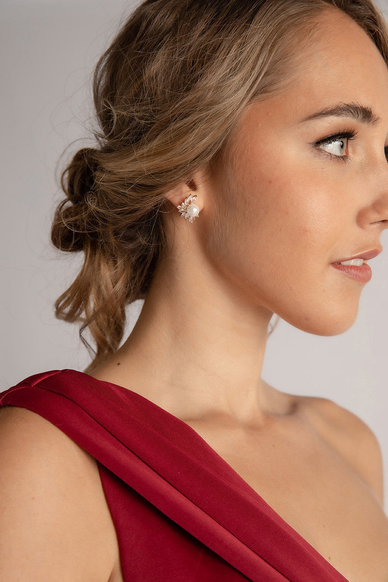 Indiana Crystal CZ and Pearl Stud Earrings in Gold