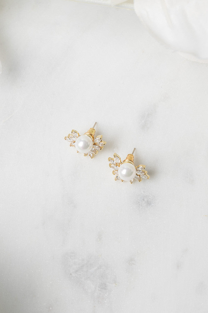 Indiana Crystal CZ and Pearl Stud Earrings in Gold
