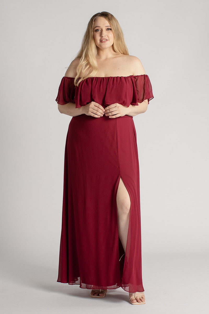 Isabelle Off Shoulder Flowy Bridesmaids Dress in Burgundy