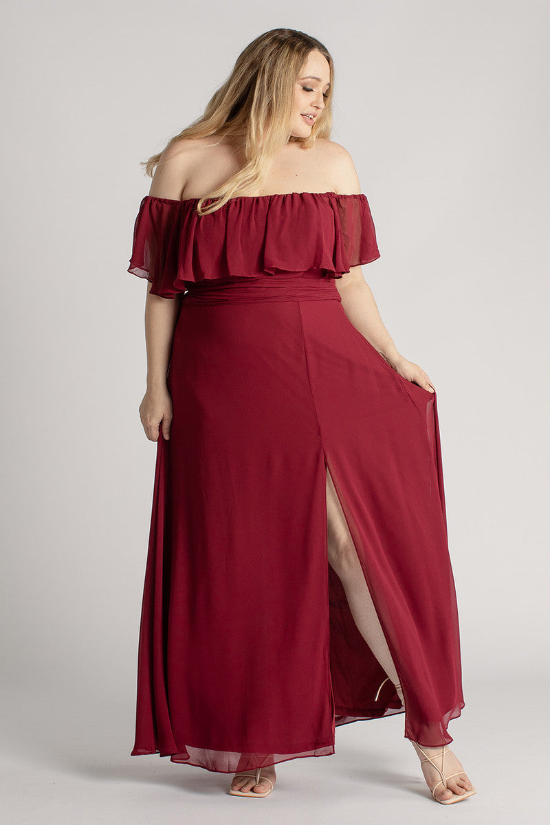 Isabelle Off Shoulder Flowy Bridesmaids Dress in Burgundy