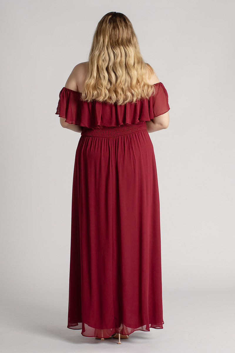 Isabelle Off Shoulder Flowy Bridesmaids Dress in Burgundy