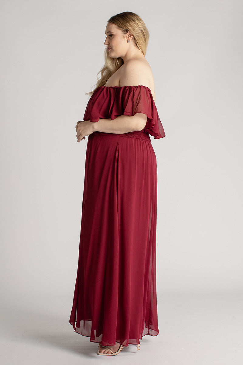 Isabelle Off Shoulder Flowy Bridesmaids Dress in Burgundy