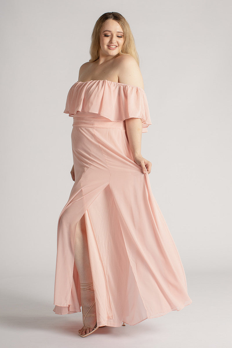 Isabelle Off Shoulder Flowy Bridesmaids Dress in Light Pink