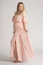 Isabelle Off Shoulder Flowy Bridesmaids Dress in Light Pink