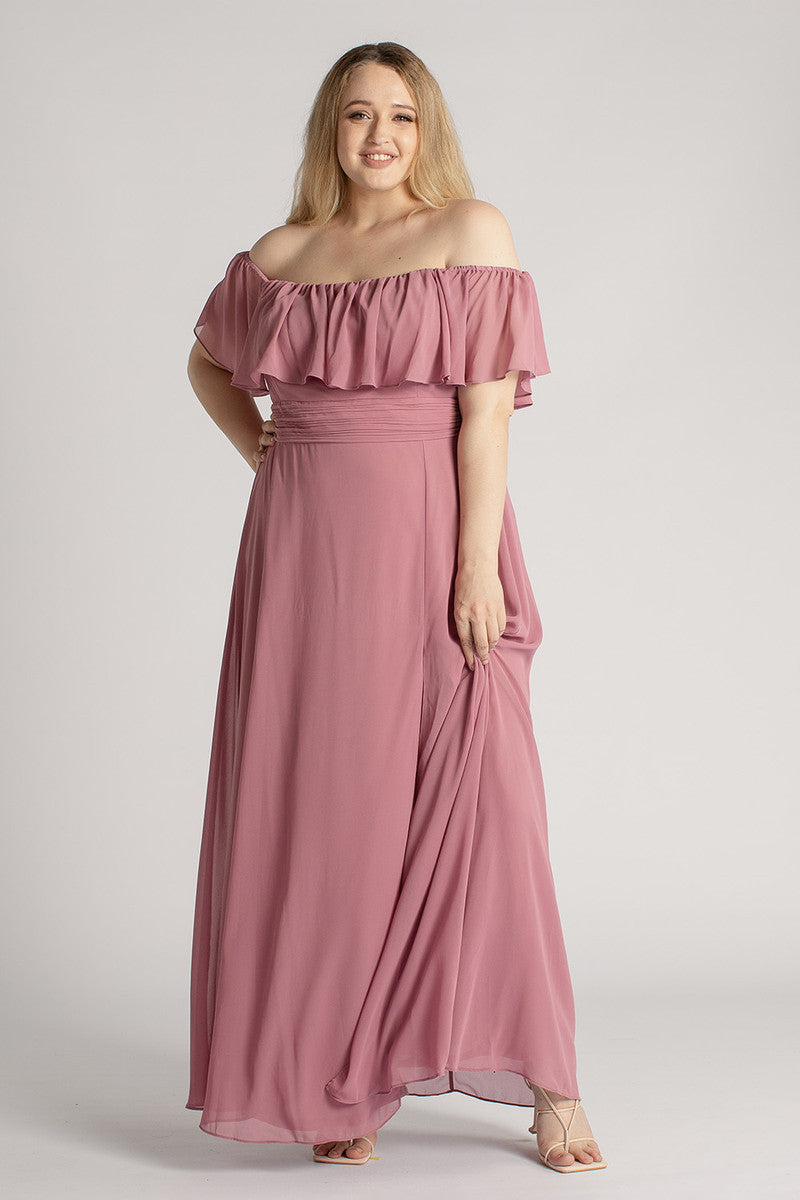 Isabelle Off Shoulder Flowy Bridesmaids Dress in Plum