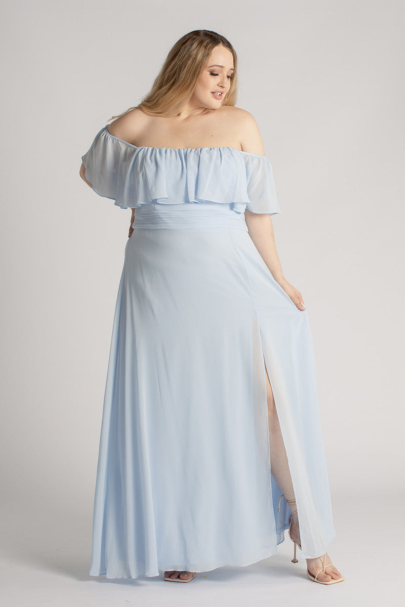 Isabelle Off Shoulder Flowy Bridesmaids Dress in Powder Blue