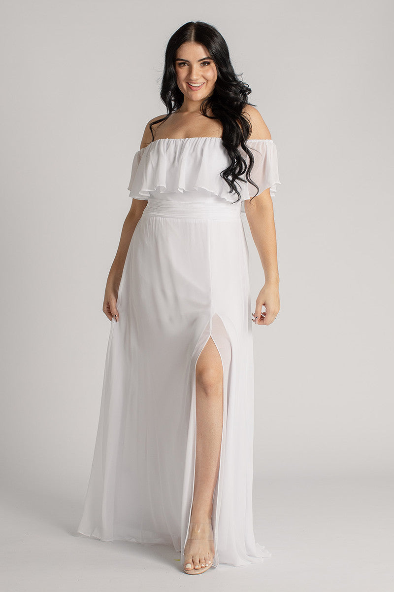 Isabelle Off Shoulder Flowy Bridesmaids Dress in White