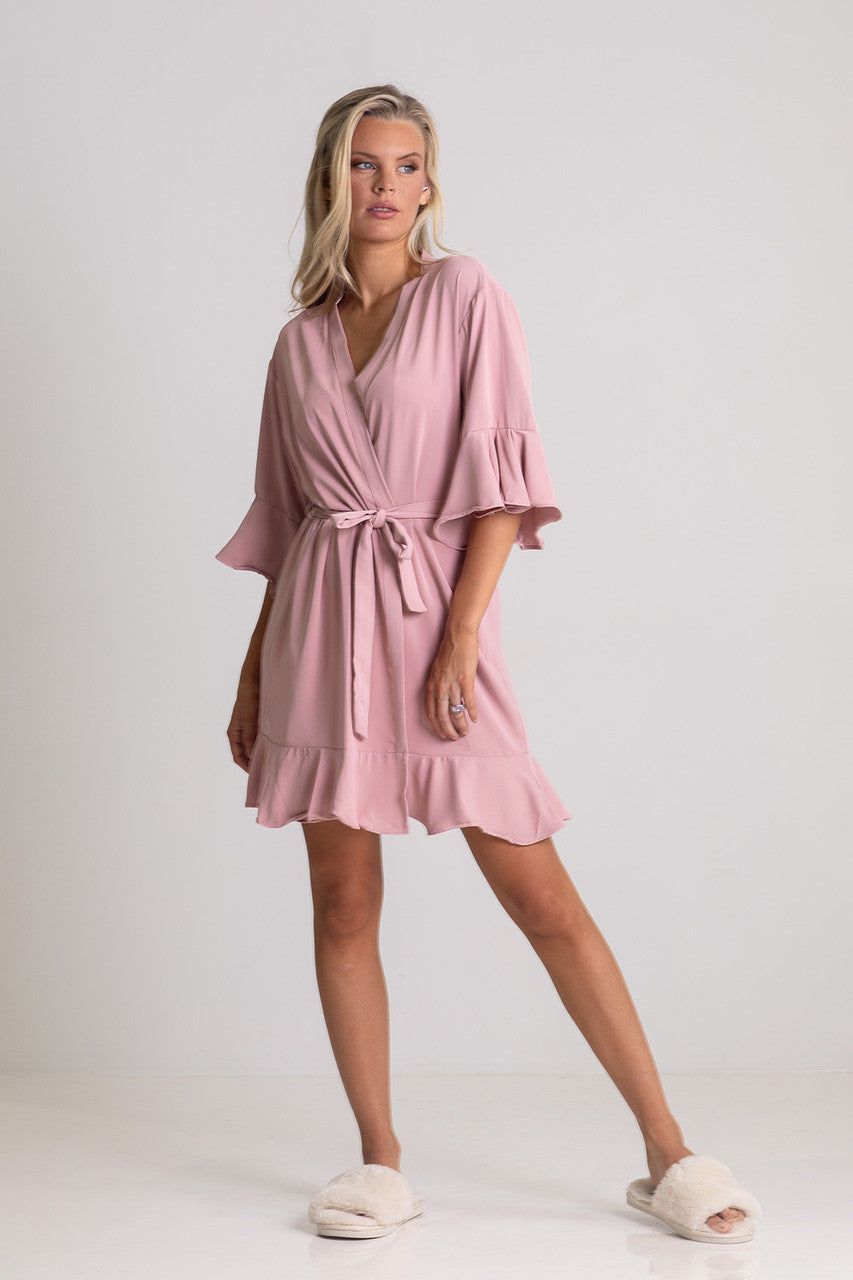 Pink Print Ruffle Trim Robe Jasmine Ruffle Bridesmaid Robe | Model Chic