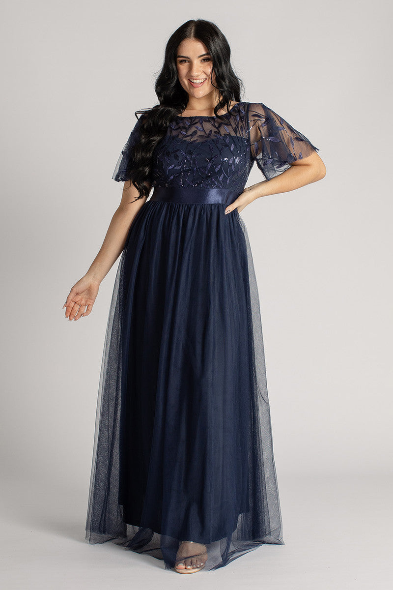 Kailyn Short Sleeved Tulle Sequins Formal Dress in Navy