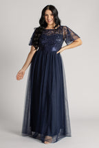Kailyn Short Sleeved Tulle Sequins Formal Dress in Navy