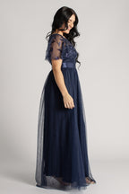 Kailyn Short Sleeved Tulle Sequins Formal Dress in Navy