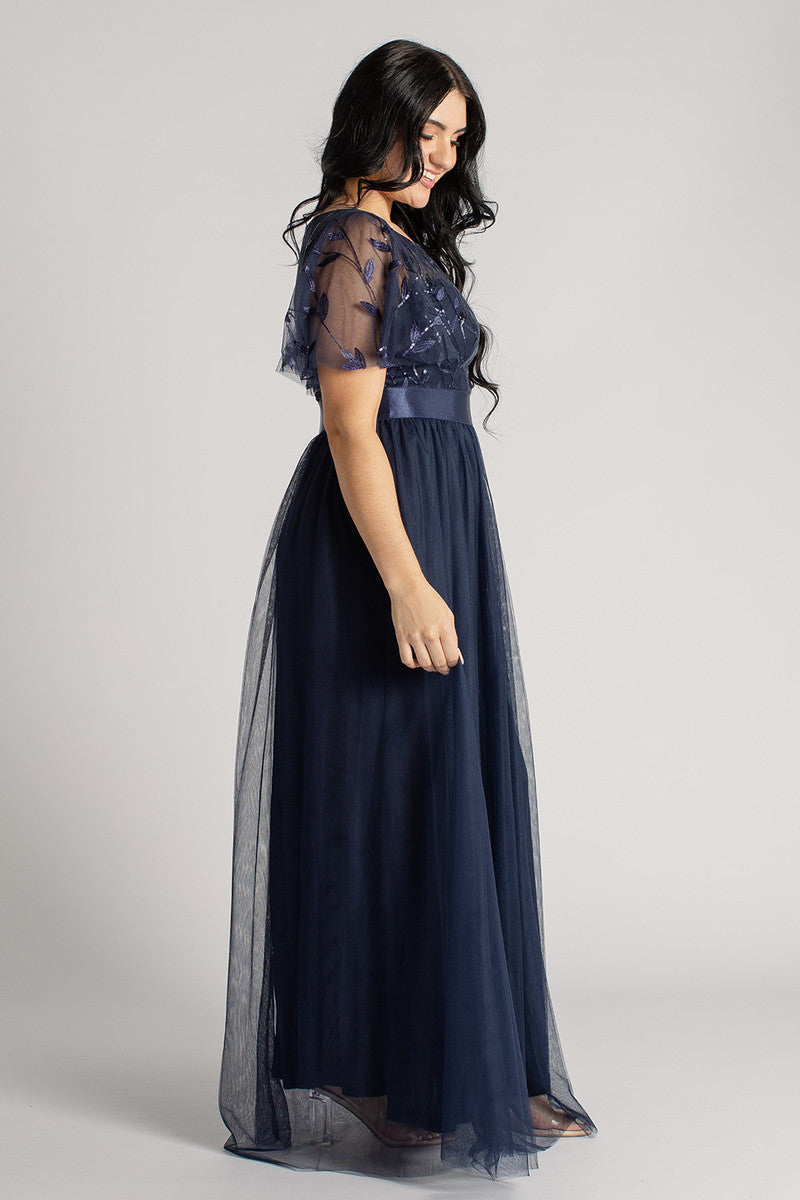 Kailyn Short Sleeved Tulle Sequins Formal Dress in Navy