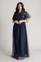 Kailyn Short Sleeved Tulle Sequins Formal Dress in Navy