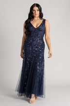Kimora Sleeveless Sequins Tulle Mermaid Formal Dress in Navy
