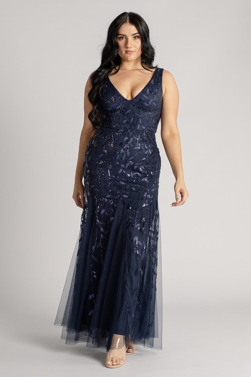 Kimora Sleeveless Sequins Tulle Mermaid Formal Dress in Navy