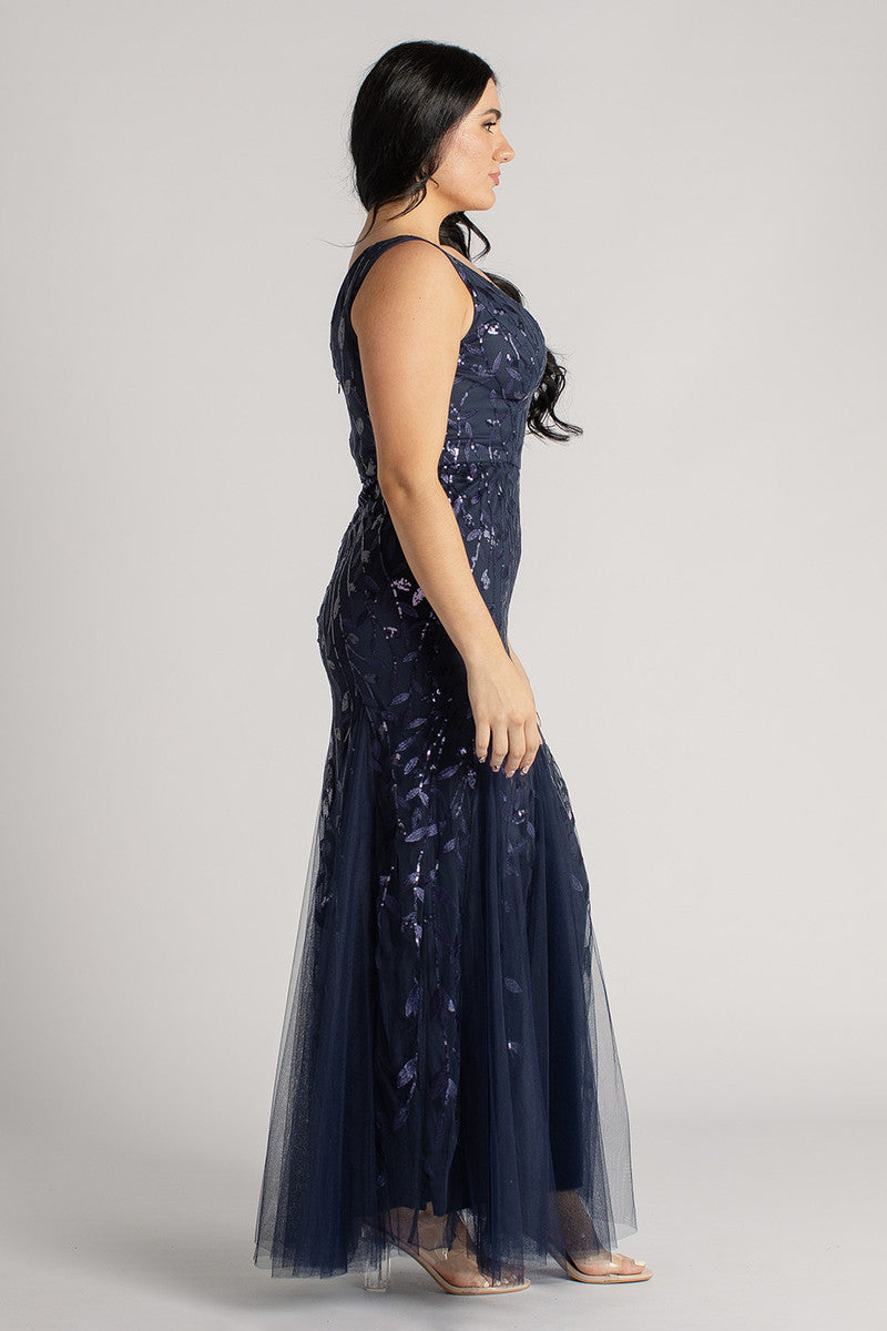 Kimora Sleeveless Sequins Tulle Mermaid Formal Dress in Navy