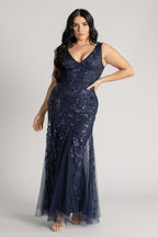 Kimora Sleeveless Sequins Tulle Mermaid Formal Dress in Navy