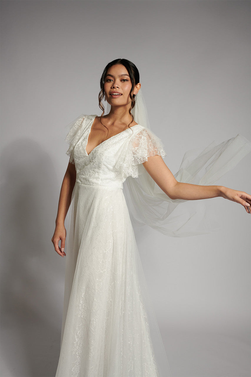 Louise Lace Sleeved Boho Wedding Dress in white