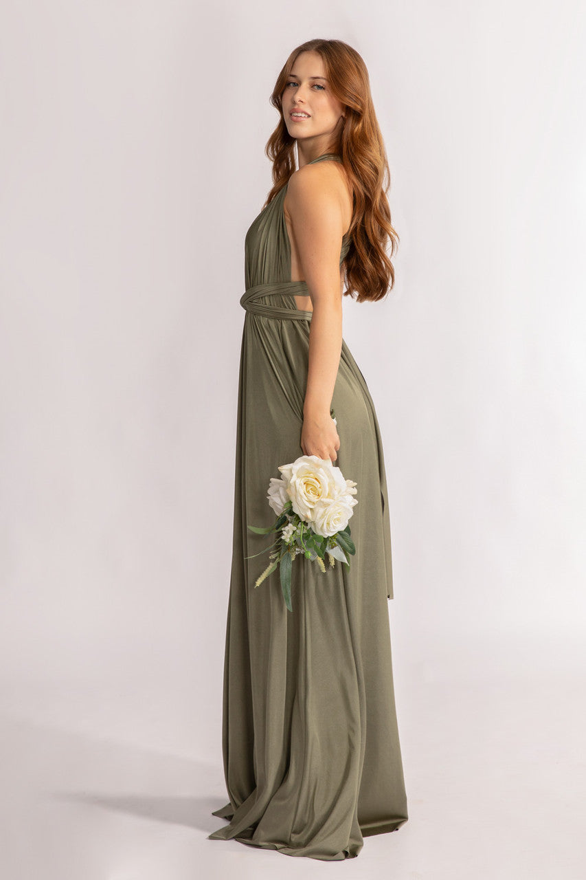 Luxe Satin A-line Multiway Infinity Dress in Moss Green