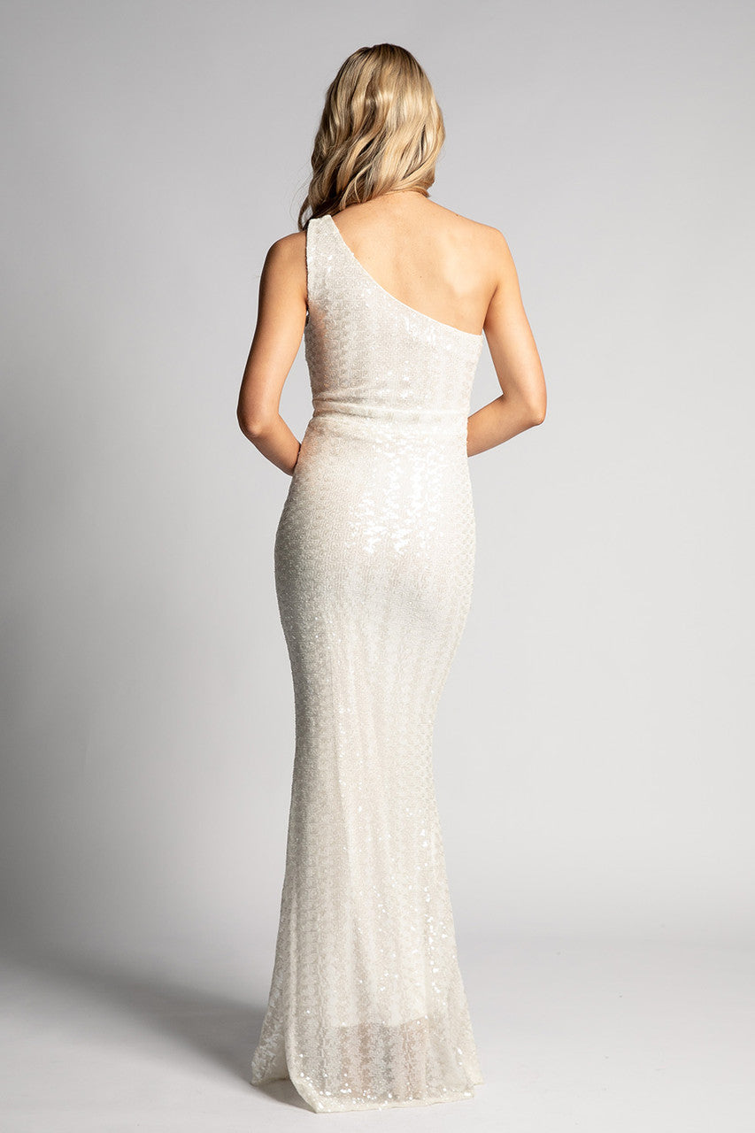 Mia One Shoulder Sequined Formal Prom Dress In White