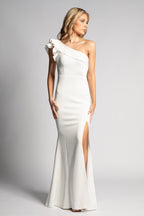 Naomi One Shoulder Ruffle Split Mermaid Formal Dress in Ivory