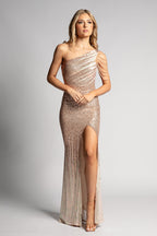 Selena One Shoulder Sequins Formal Prom Dress in Rose Gold