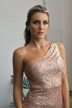 Selena One Shoulder Sequins Formal Prom Dress in Rose Gold