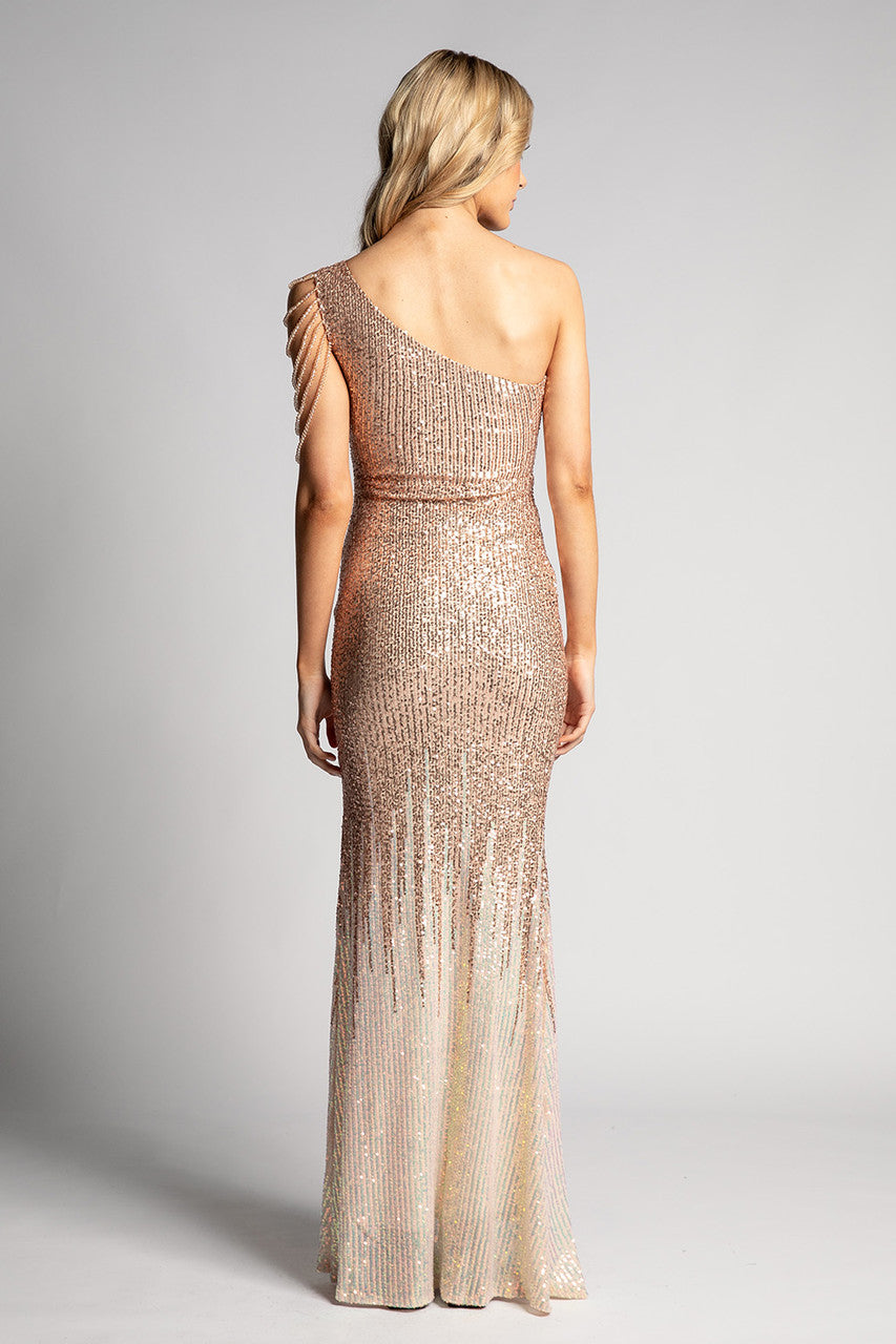 Selena One Shoulder Sequins Formal Prom Dress in Rose Gold