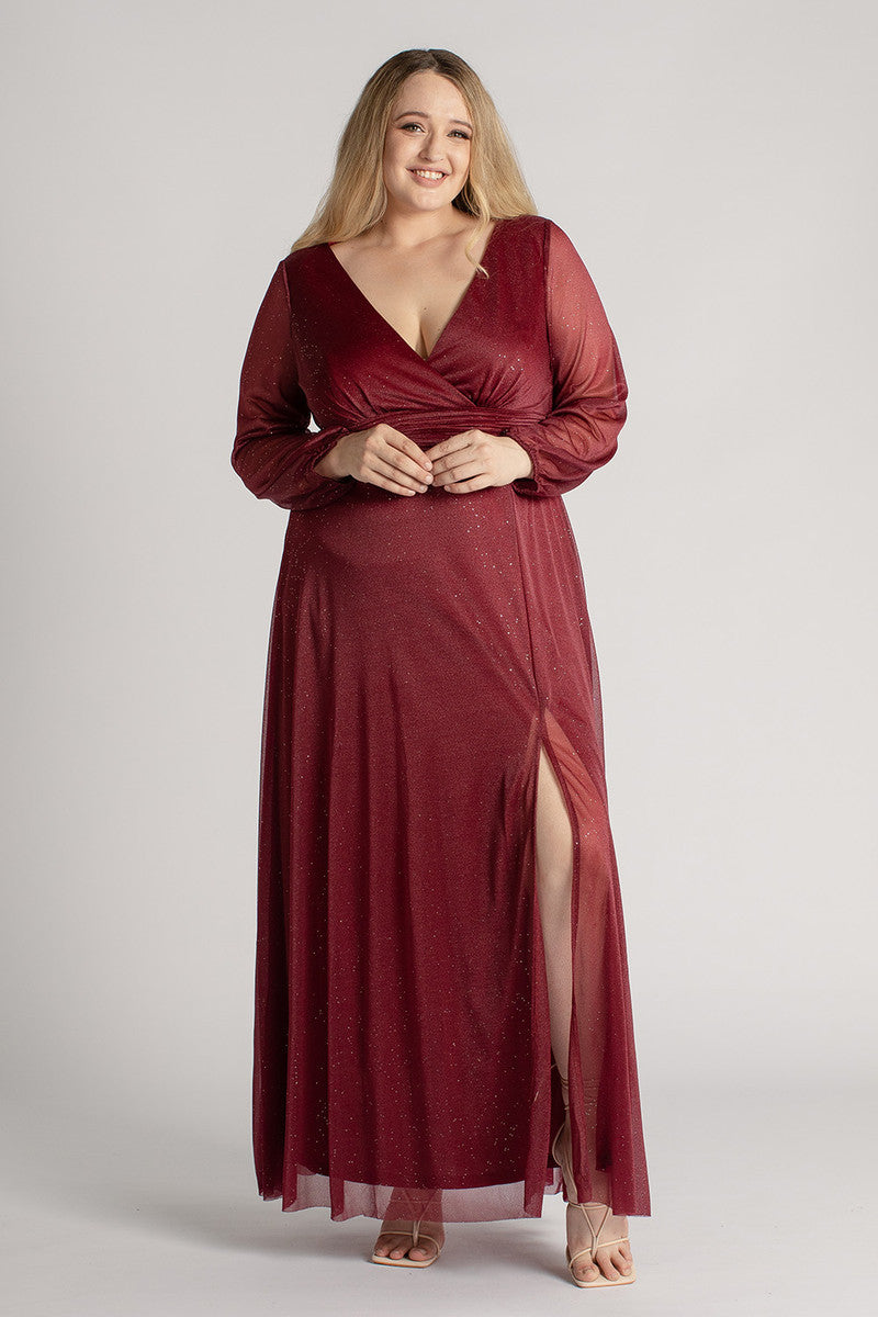 Stella Long Sleeved Sparkly Split Formal Dress in Burgundy