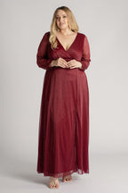 Stella Long Sleeved Sparkly Split Formal Dress in Burgundy