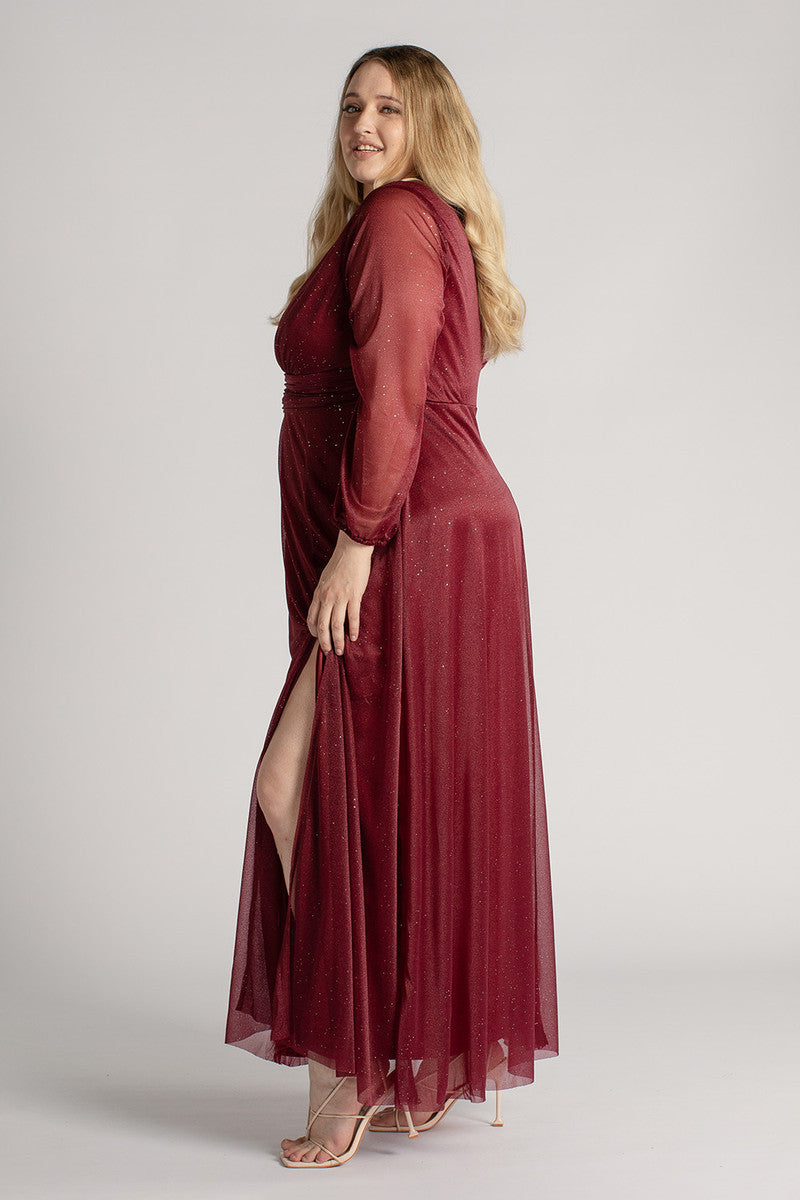 Stella Long Sleeved Sparkly Split Formal Dress in Burgundy