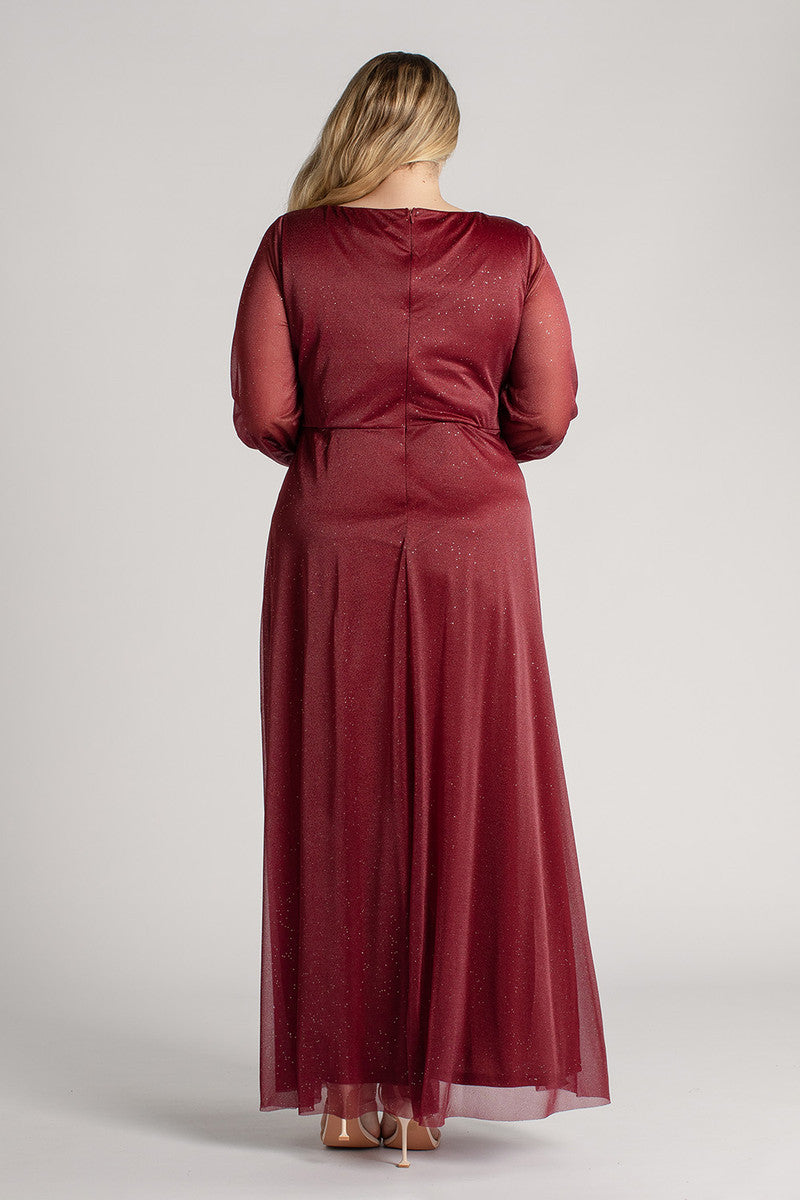 Stella Long Sleeved Sparkly Split Formal Dress in Burgundy