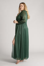 Stella Long Sleeved Sparkly Split Formal Dress in Emerald Green