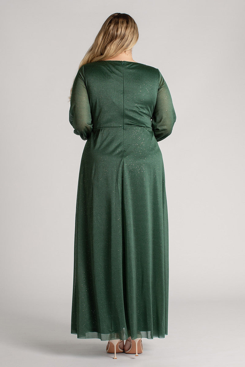 Stella Long Sleeved Sparkly Split Formal Dress in Emerald Green