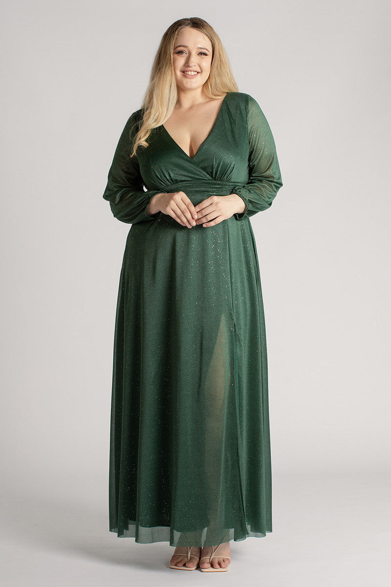 Stella Long Sleeved Sparkly Split Formal Dress in Emerald Green