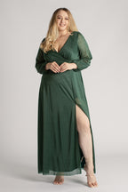 Stella Long Sleeved Sparkly Split Formal Dress in Emerald Green