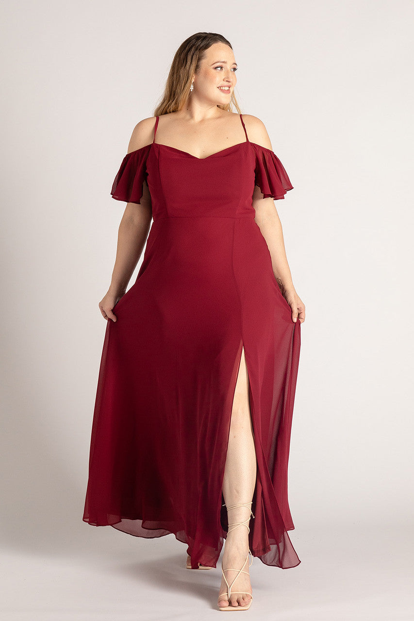 Amara Off Shoulder Chiffon Bridesmaids Dress in Burgundy