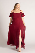 Amara Off Shoulder Chiffon Bridesmaids Dress in Burgundy