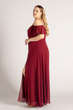 Amara Off Shoulder Chiffon Bridesmaids Dress in Burgundy