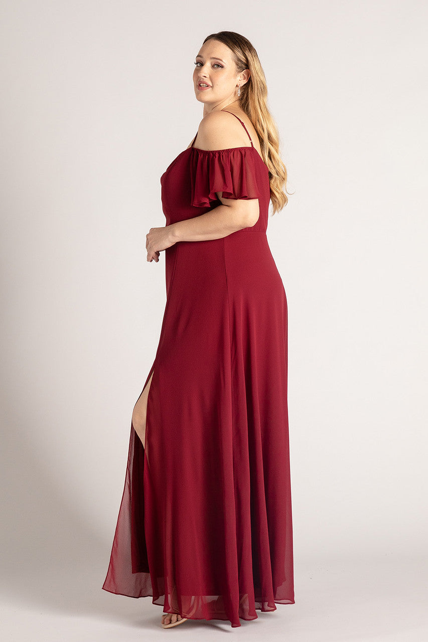 Amara Off Shoulder Chiffon Bridesmaids Dress in Burgundy