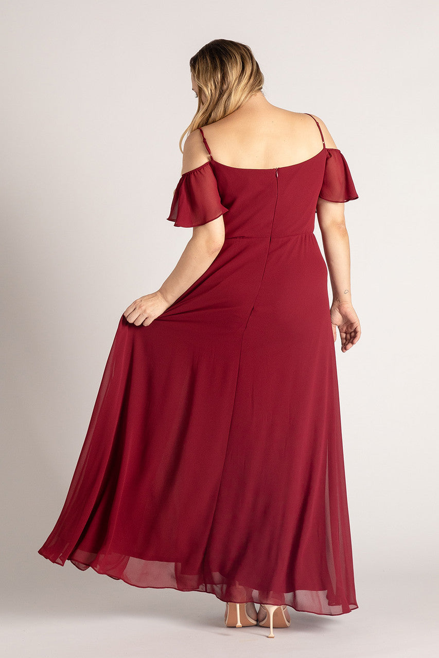 Amara Off Shoulder Chiffon Bridesmaids Dress in Burgundy