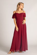Amara Off Shoulder Chiffon Bridesmaids Dress in Burgundy