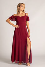 Amara Off Shoulder Chiffon Bridesmaids Dress in Burgundy