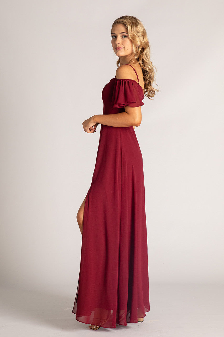 Amara Off Shoulder Chiffon Bridesmaids Dress in Burgundy